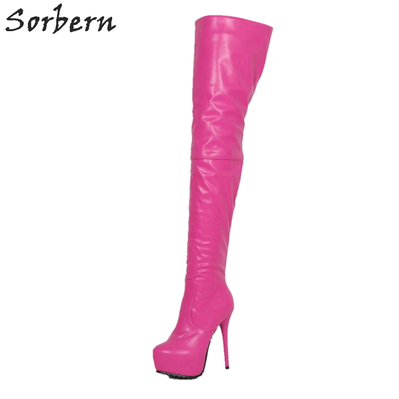 Sorbern/женские ботфорты до бедра из мягкой искусственной кожи; обувь на толстой платформе на высоком каблуке; коллекция года; высокие сапоги для трансвеститов; цвета «сделай сам» - Цвет: Розово-красный