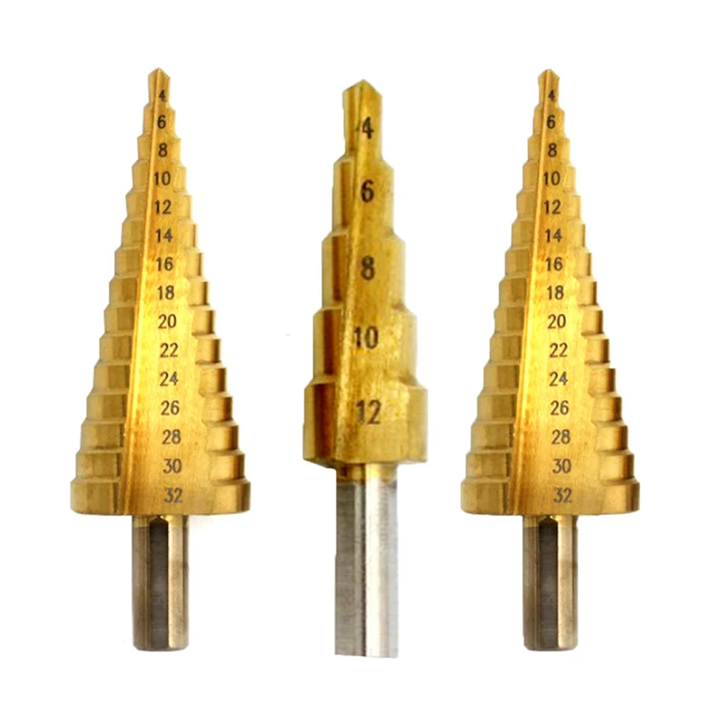 

Step Drill Bit Spiral Flute HSS Steel Cone Titanium Coated Mini Drill Bit Tool Set Hole Cutter 3-12mm 4-12mm 4-20mm 4-32mm