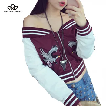 

Bella Philosophy 2016 spring slash neck zipper stain sateen embroidery short bomber jacket no padded black pink wine red