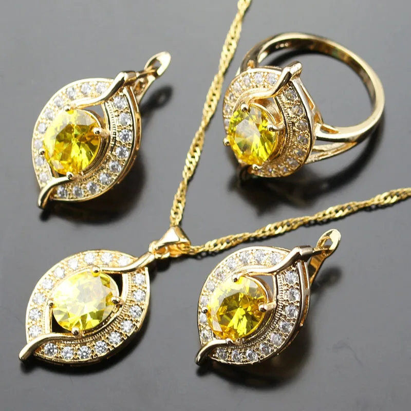 Yellow Zircon White Cubic Zirconia Jewelry Set For Women Gold color