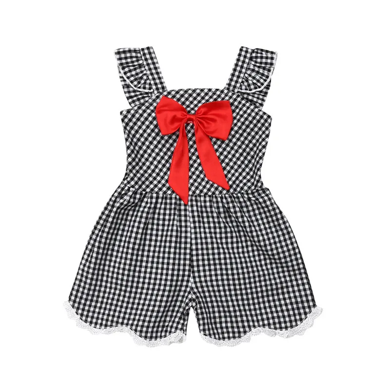 

Sweet Kids Baby Girl Clothes Plaid Romper Sleeveless Strappy Big Bow Sunsuits Summer Girl Lace Wide Leg Pants Playsuits 1-6Y
