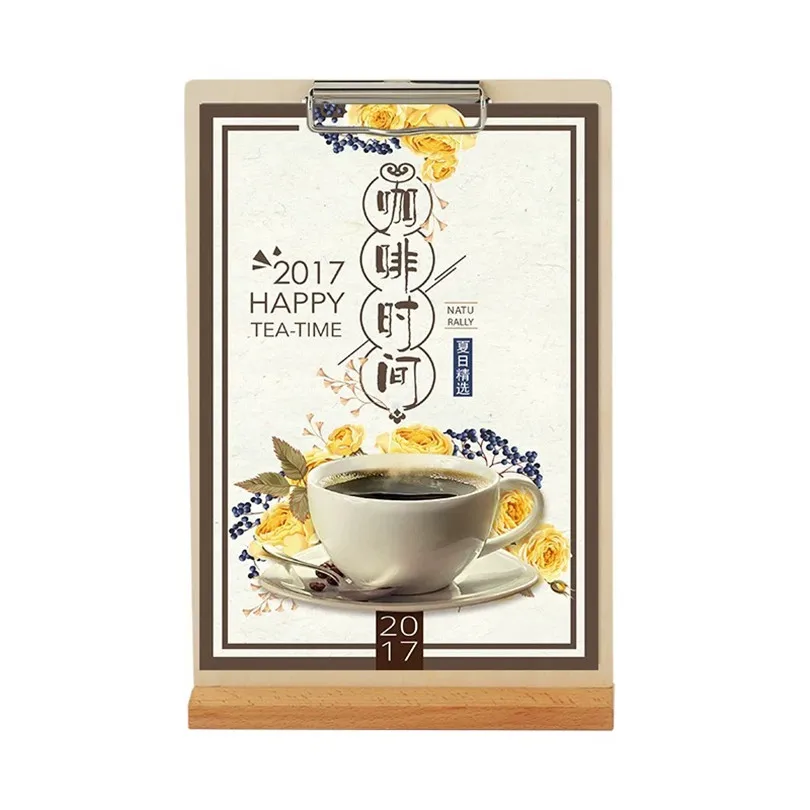 A4 stół drewniane Menu ulotka klip karton Organizer do dokumentów Menu ramka na plakat uchwyt stojak