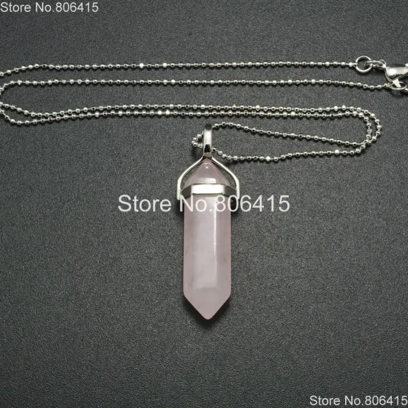 

Natural RoseQuartz Gems Stones Hexagonal Pointed Healing Reiki Chakra Pendant Beads Silver 17'' Chain Necklace 5 Sets/Pack