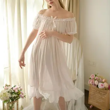 

Slash neck cute princess bow women nightgowns sleep dress 2019 summer new lace cotton roft beautiful female home clothes gx1164