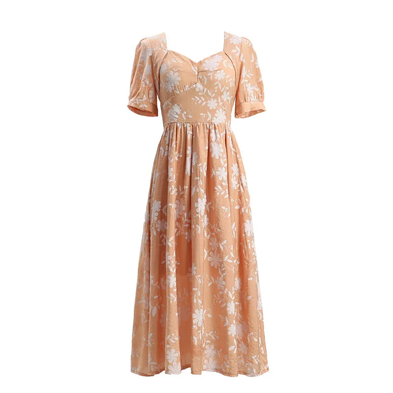 

PERHAPS U orange v neck short sleeve fit and flare floral print midi dress summer elegant vintage D1194