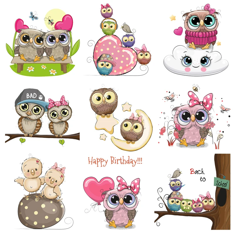 

Cartoon Animal Patch Iron on Transfer Cute Owl Patches for Kids Clothing DIY T-shirt Applique Heat Transfer Vinyl Stickers Press