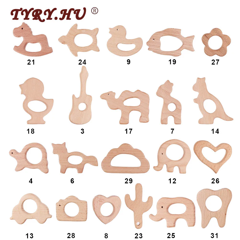 

TYRY.HU 50Pcs Beech Wooden Teether Baby Teething Toys, Nature wood Animal Teether Baby DIY Pacifier Chain Pendant Accessories