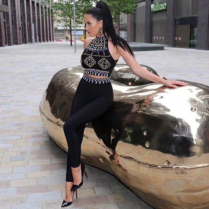 Women Fashion Beading Two 2 Pieces Set Jumpsuit Sexy Sleeveless Short Top Long Pants Jumpsuits Celeberity Evening Party Vestidos