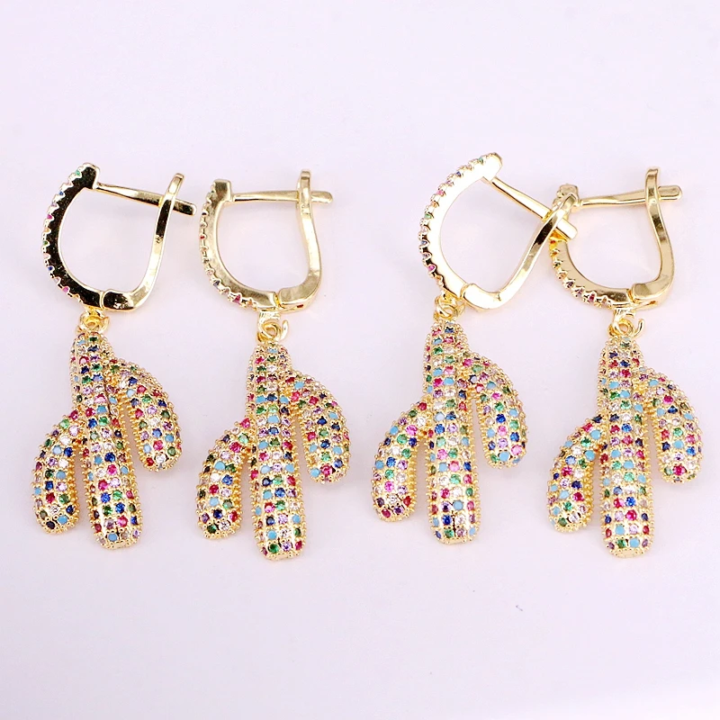

6Pairs, Micro Pave CZ Colorful Female Big actus shaped Jewelry Multi Gold Color Rainbow Drop Dangle Earrings
