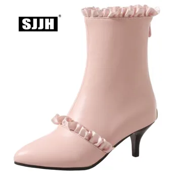 

SJJH Women Chelsea Boots with Point Toe Thin Heel Zip Short Plush Mid-Calf Boots Fancy Lace Fashion Casual Shoes Large Size Q484