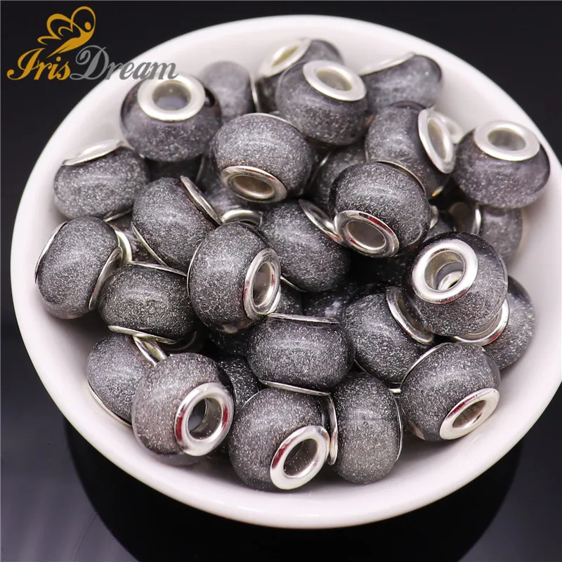 10Pcs Rondelle Glitter Round Big Hole Murano Resin Beads Spacer Fit Pandora Bracelet DIY Chain European Beads for Jewelry Making
