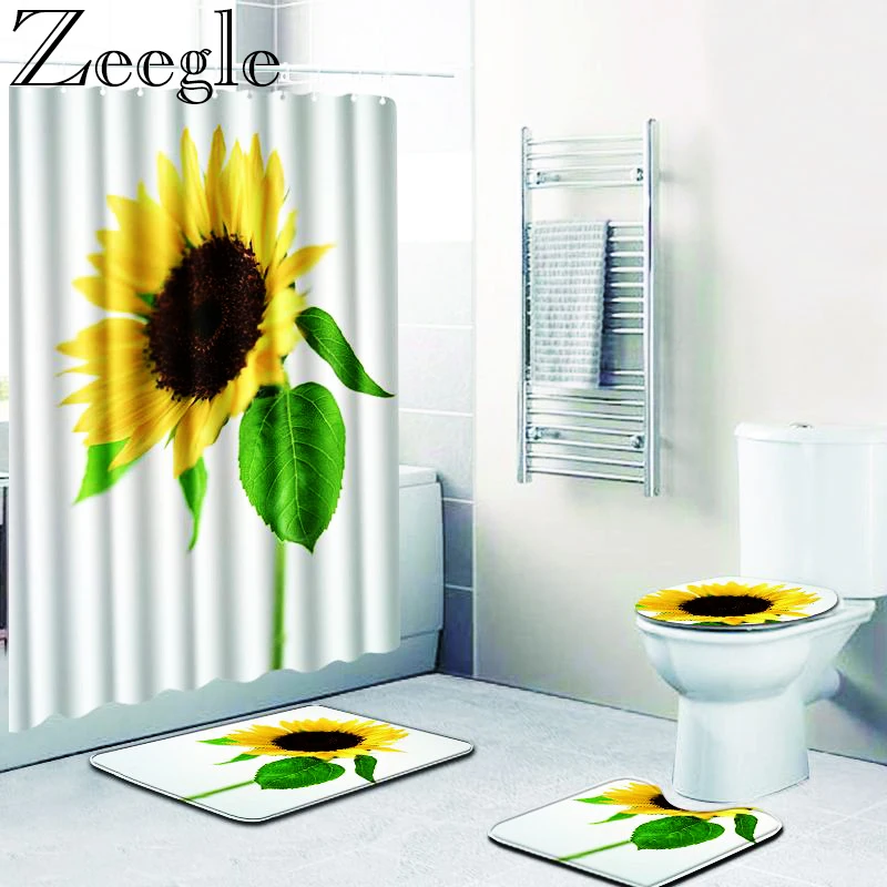 Floral Printing Bath Mat Non-slip Shower Room Floor Microfiber Toilet Rug Waterproof Curtain Set U-Shaped | Дом и сад