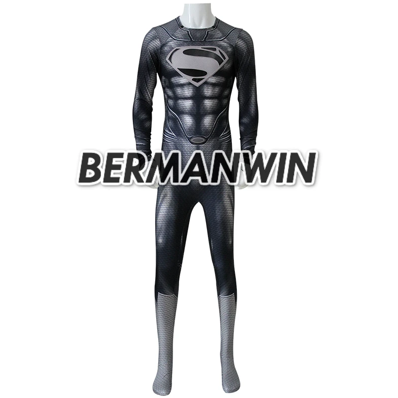 BERMANWIN, высококачественный черный костюм Супермена, стальной костюм супермена с мышечными оттенками, костюм супергероя на Хэллоуин, косплей костюм