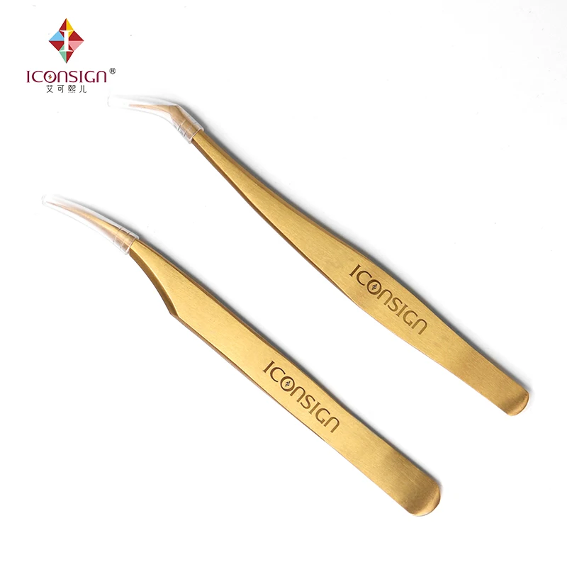 

20 Sets 40 Pcs High Quality eyelash Stainless Steel Tweezers High Tigthness Gold Anti-static Curved/Bent Curler make up tools