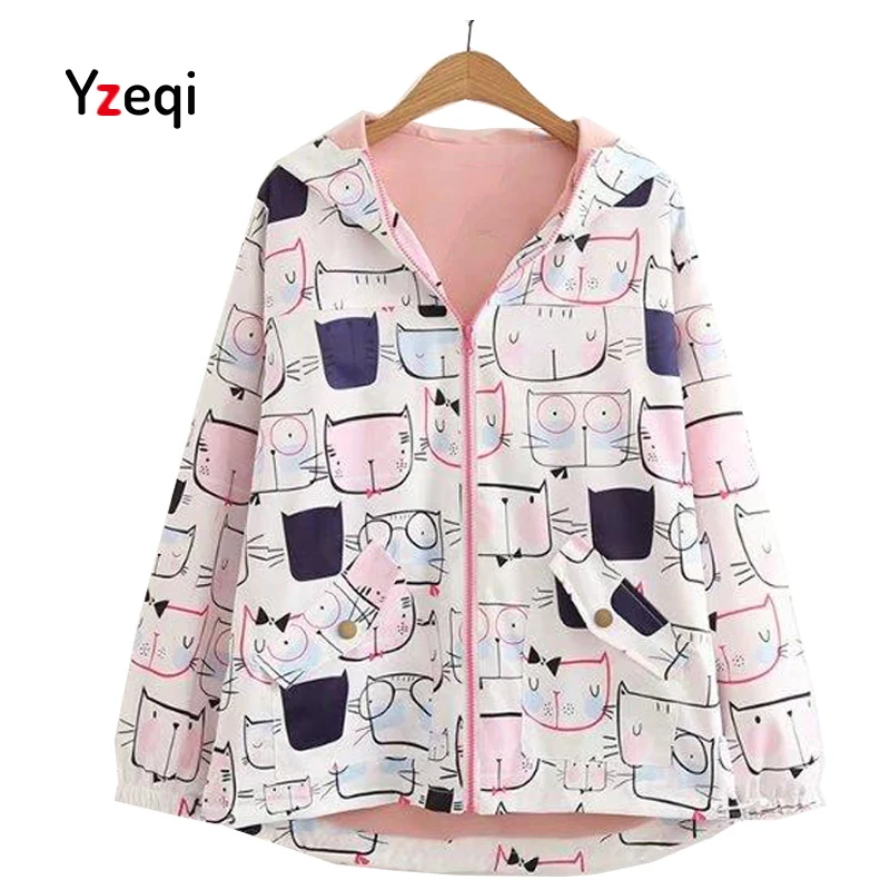 Yzeqi Spring Women Jackets Preppy Style Cute Cat Printed Hooded Long