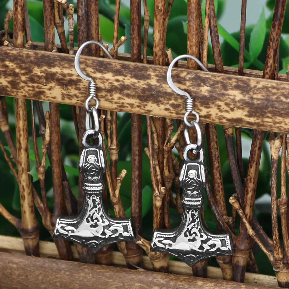 

Nordic viking rune small thor hammer Mjolnir stainless steel earrings with valknut gift bag