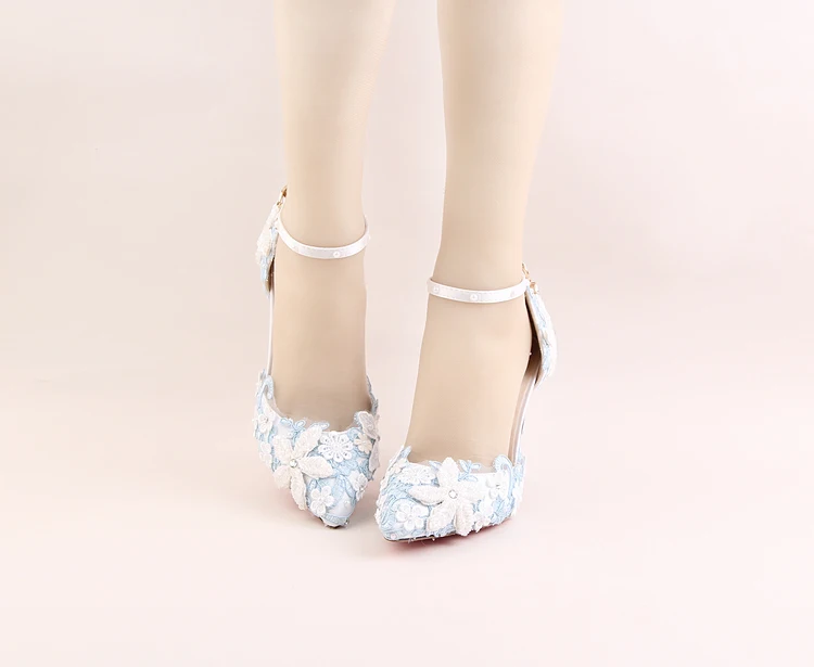 15_2017 Spring Blue Lace Flower Bridal Shoe White Pearl Diamond Rhinestone Wedding Shoes Pointed High Heel Sandals For Ladies