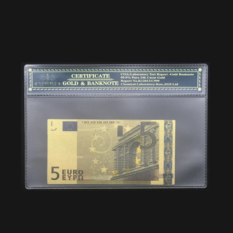 

Nice Colored Euro Gold Banknote 5 Euro Banknotes Fake Money Bill With Plastic Frame For Precious Gift And Collection