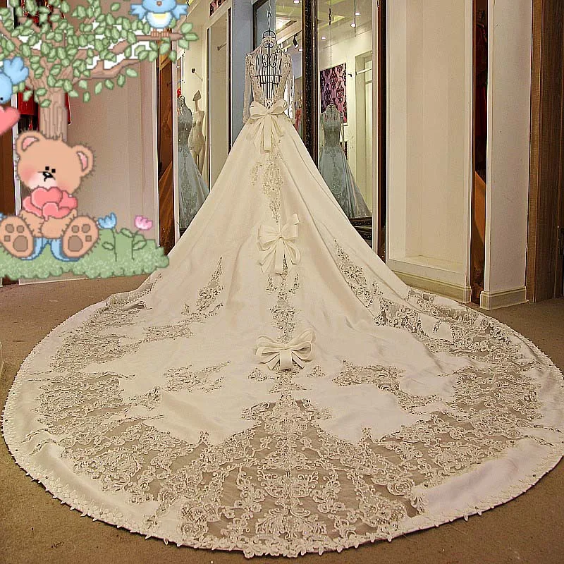 Классическая Роскошная настоящая фотография бисерные аппликации банты А-силуэта атласные свадебные платья Королевский Шлейф длиной до