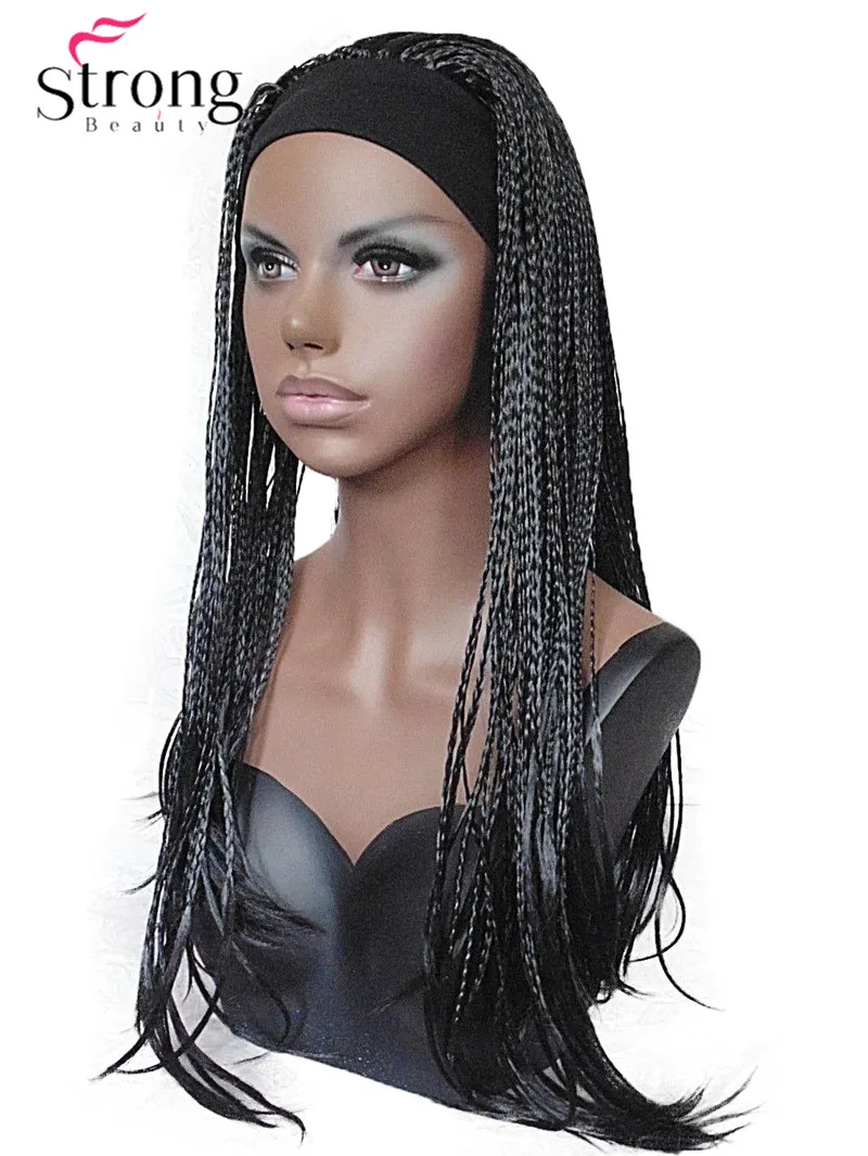 13338 1# Long Jet Black Braided HEADBAND Wig, Full Coverage Synthetic Wig Wigs  (3)