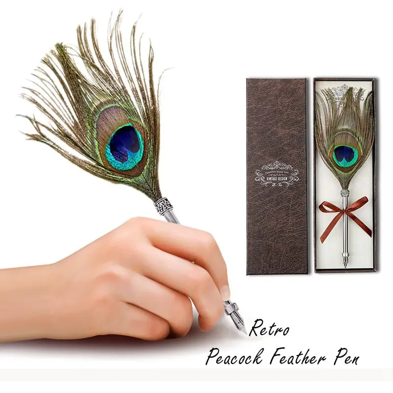 

Creative Craft Vintage Feather Pen Vintage Carved Stainless Steel Felt Pen Signature Gift Peacock Feather Pen Set