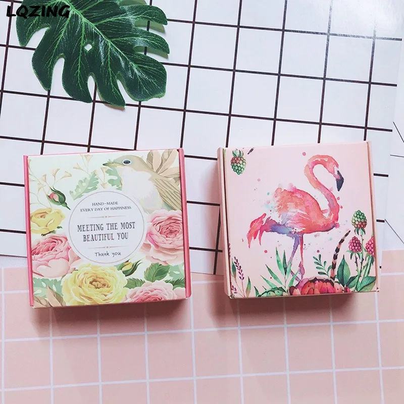 

50x Craft Paper Party Decor Packing Box Small Cardboard Jewelry Gift Boxes Flamingo/Flower Square Soap Kraft Box Carton Folding