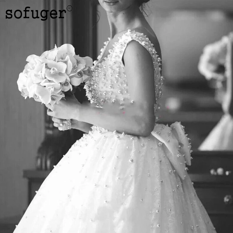

White Ivory PearlsTulles Bridal Gown Big Bow Scoop Wedding Dresses Vestidos de Noivas robe de mariage 2019 Custom Made Available