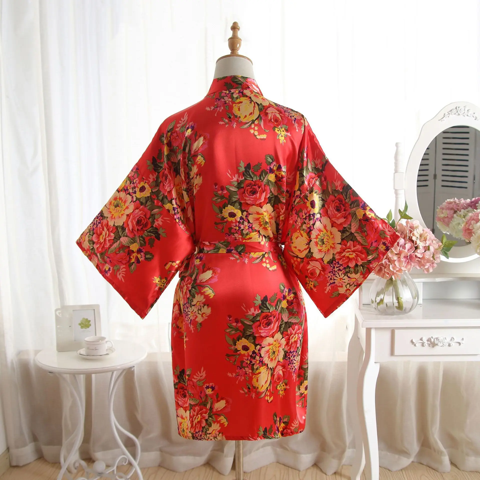 Летний Взрослый Цвет Dingmudan Blossom халат атласный ночной халат Павлин кимоно