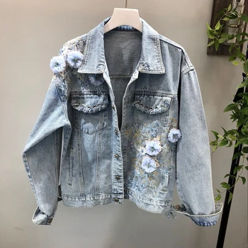 

2019 Spring New Women's Fashion Heavy Industry Three-dimensional Embroidery Flowers Long Sleeves Denim Coats Women's Jacket