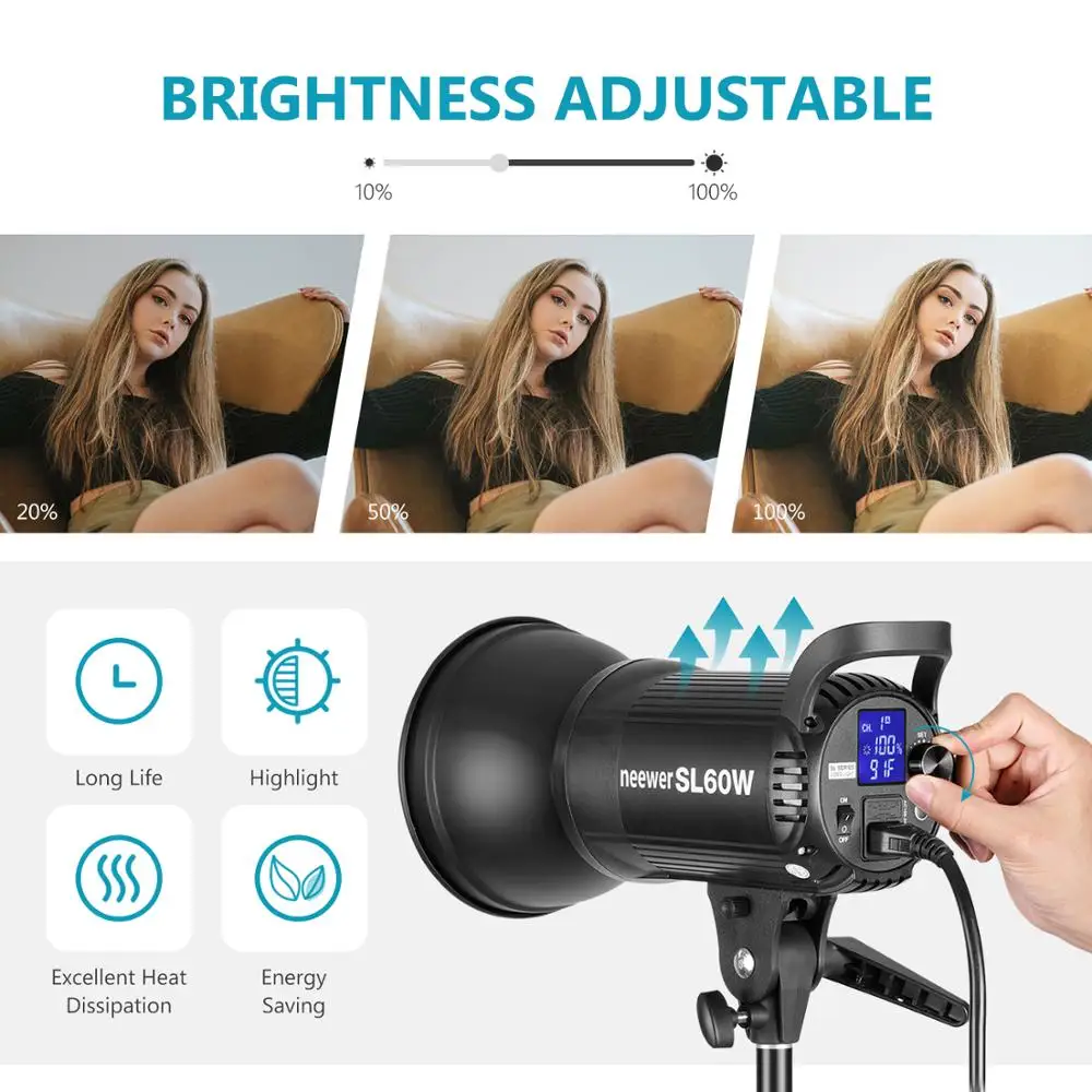US $101.34 Neewer SL60W LED Video Light White 5600K Version 60W CRI 95 TLCI 90 With Remote Control And Reflector Continuous Lighting