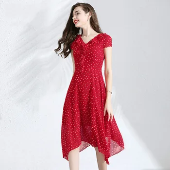 

Dress Summer 2019 Women's New Red Polka Dot V-Neck Ruffles Short Sleeved Slim Elegant Irregular Chiffon Dress Midi M-XXL