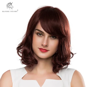 

BLONDE UNICORN 14 Inch Medium Shoulder Length Curly Hair Wigs with Fringe Loose Wave Fluffy Layered Blend Hair Wigs for Women