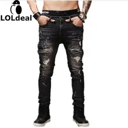 High Quality Mens Ripped Biker Jeans 100% Cotton Black Slim Fit Motorcycle Jeans Men Vintage Distressed Denim Jeans Pants