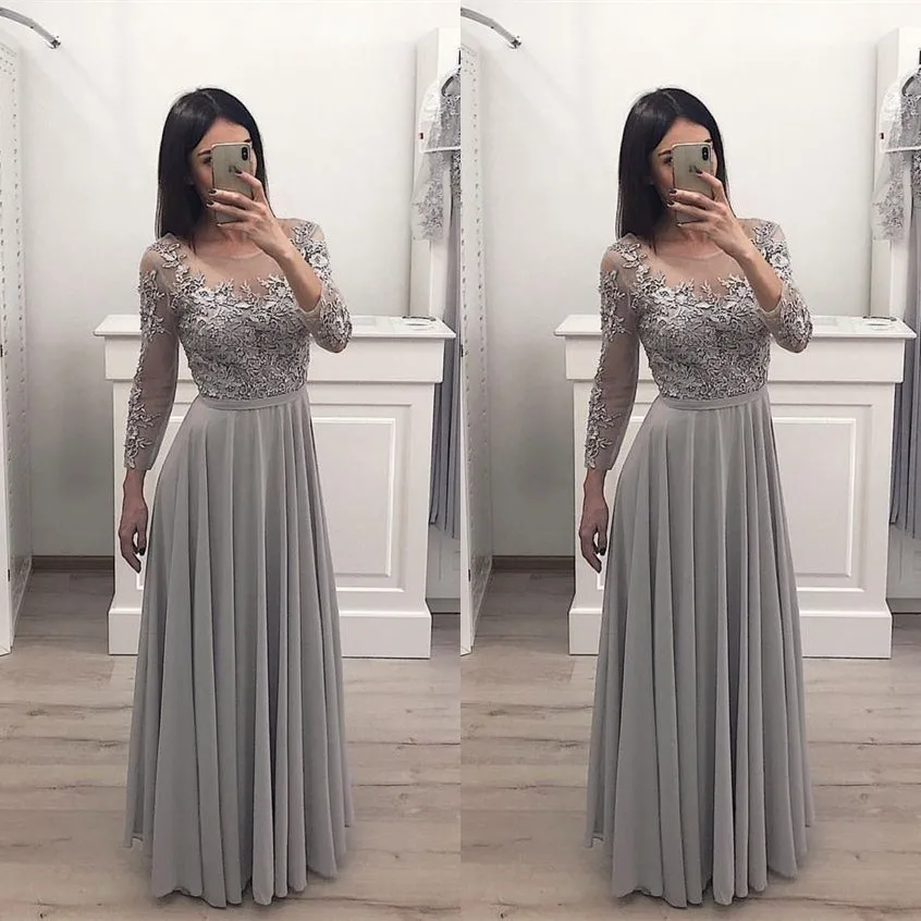 Серый кружево вечернее платье с длинным рукавом 2019 abiye gece elbisesi Sheer трапециевидной формы шифон Формальные для женщин платье для выпускного