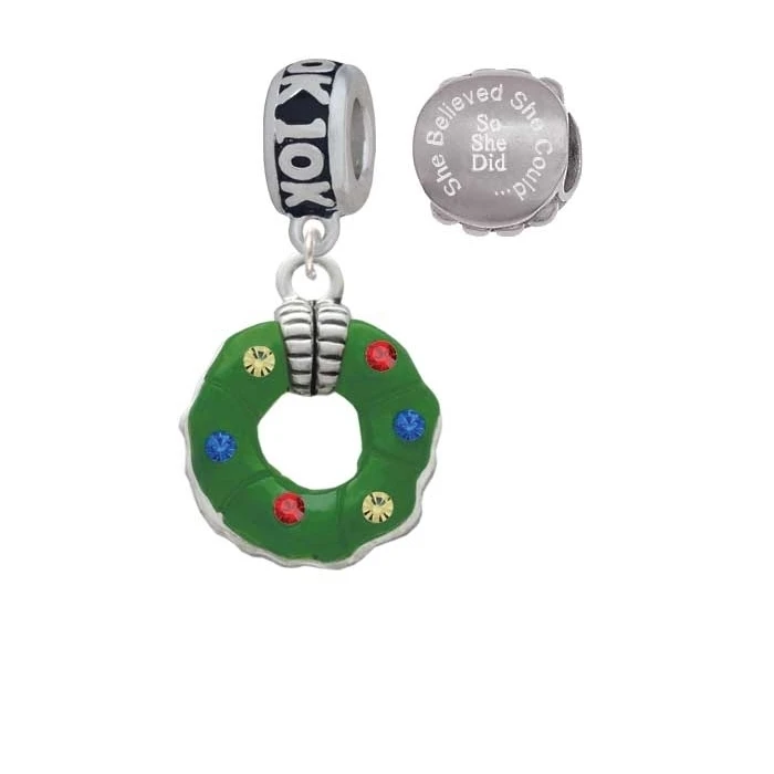 Green Resin Wreath with Crystals 10K Run She Believed She Could Charm Beads (Set of 2)