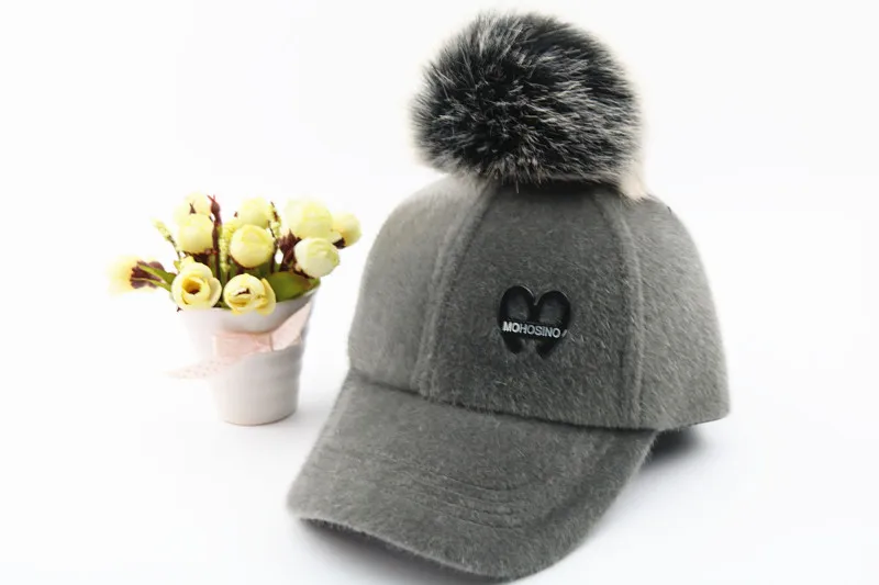 Детская теплая шапка, новая Толстая бархатная зимняя теплая шапка с буквенным принтом для родителей и детей, искусственный помпон из меха кролика бейсбольная кепка для детей - Цвет: gray