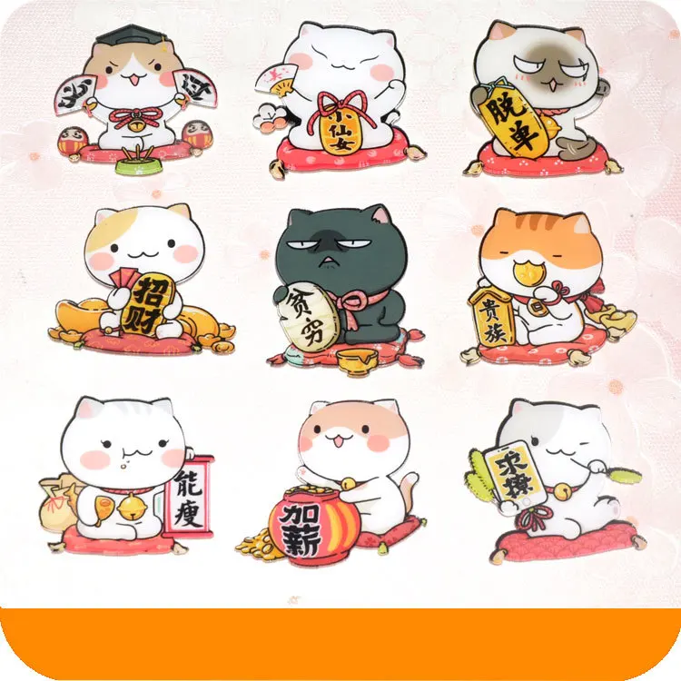 

Very Cute Acrylic Badges Maneki Neko Slim Wealthy Fortune Cat Broochs