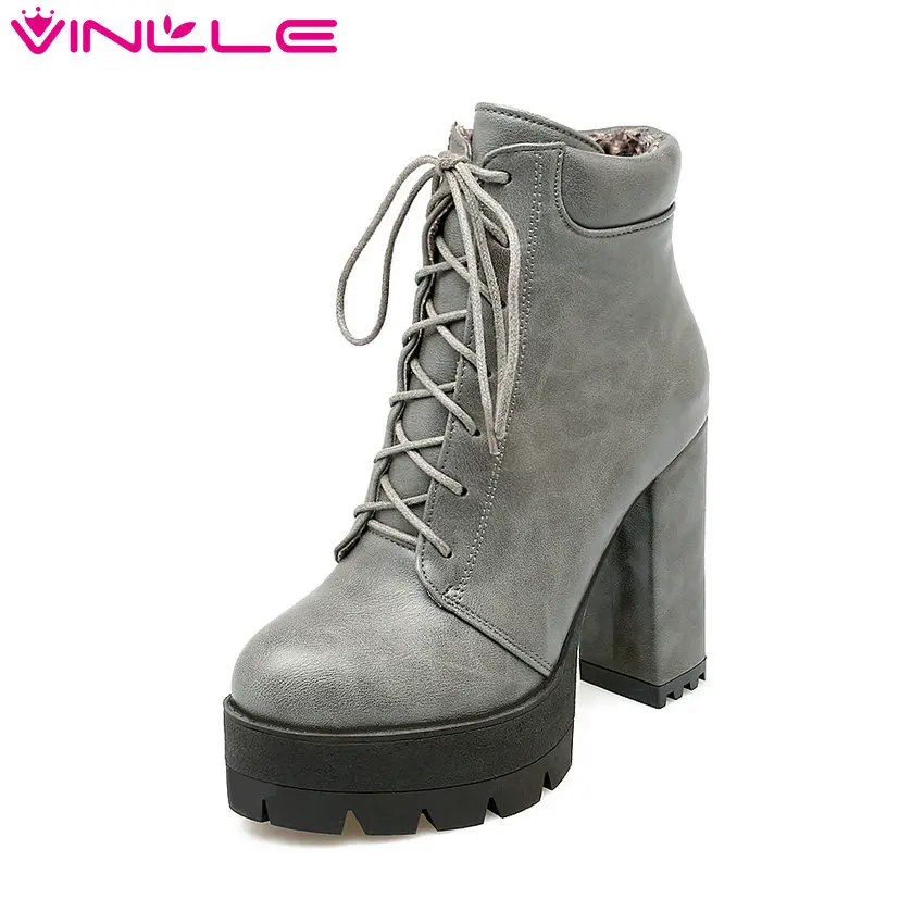 VINLLE 2016 Winter Platform Punk Shoes Women Lace Up Square High Heel Ankle Boots Solid Sexy