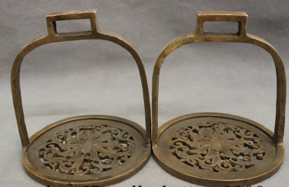 

Folk Chinese Bronze Copper Auspicious Flower Statue Horse Use Stirrup Pair