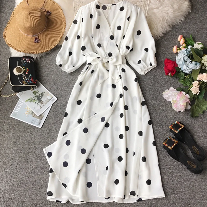 

Summer leisure Wave point Dress High Waist V-Neck Retro Women Parisian Style Dress 2019 aa703