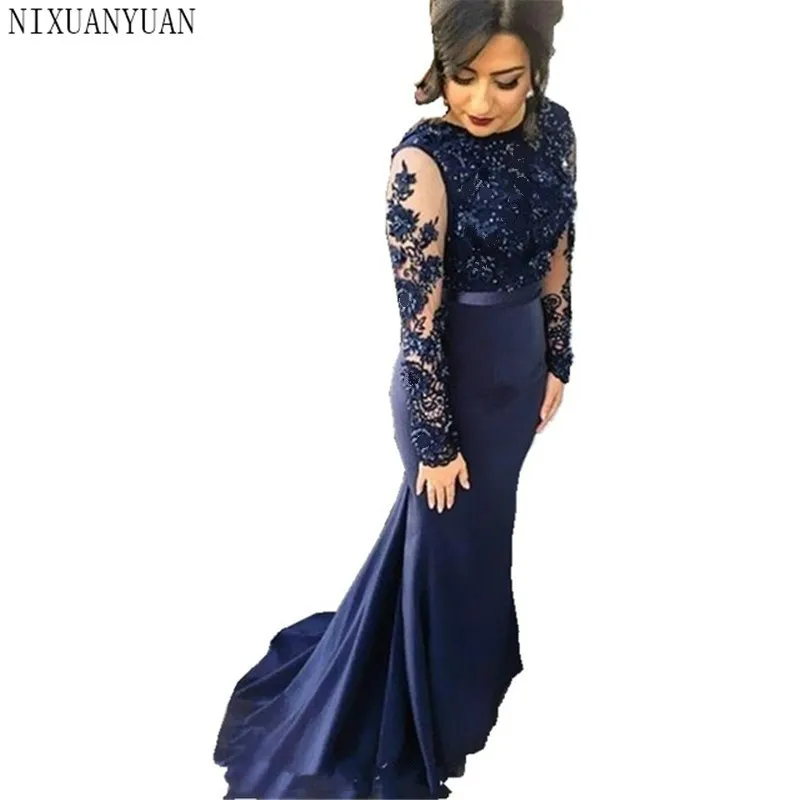 Темно-синие кружевные вечерние платья русалки с высоким воротом,, длинные рукава, аппликация, вечерние платья, длинные платья для выпускного вечера