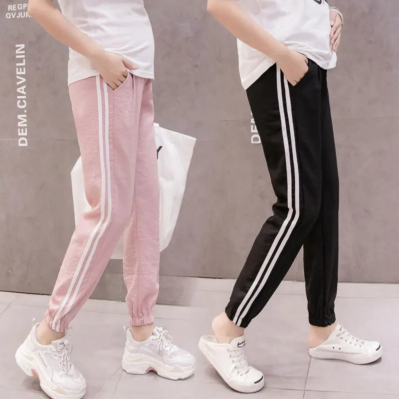 

1182 9/10 Length Summer Thin Maternity Sports Pants High Waist Adjustable Belly Casual Jogger Pants for Pregnant Women Pregnancy