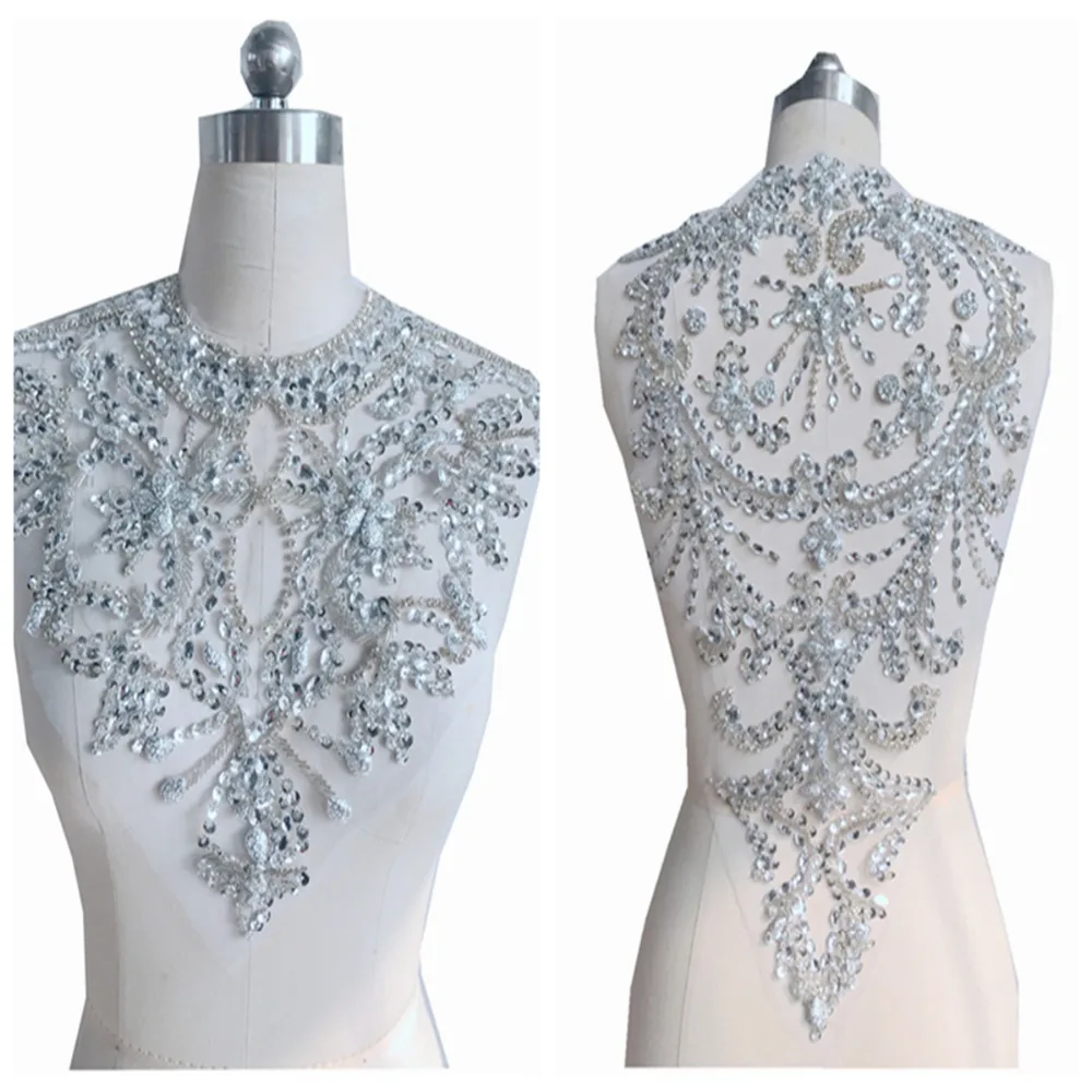 

handmade silver crystal patches triming sew on rhinestones applique on mesh for dress front and back 33*41cm&52*32cm