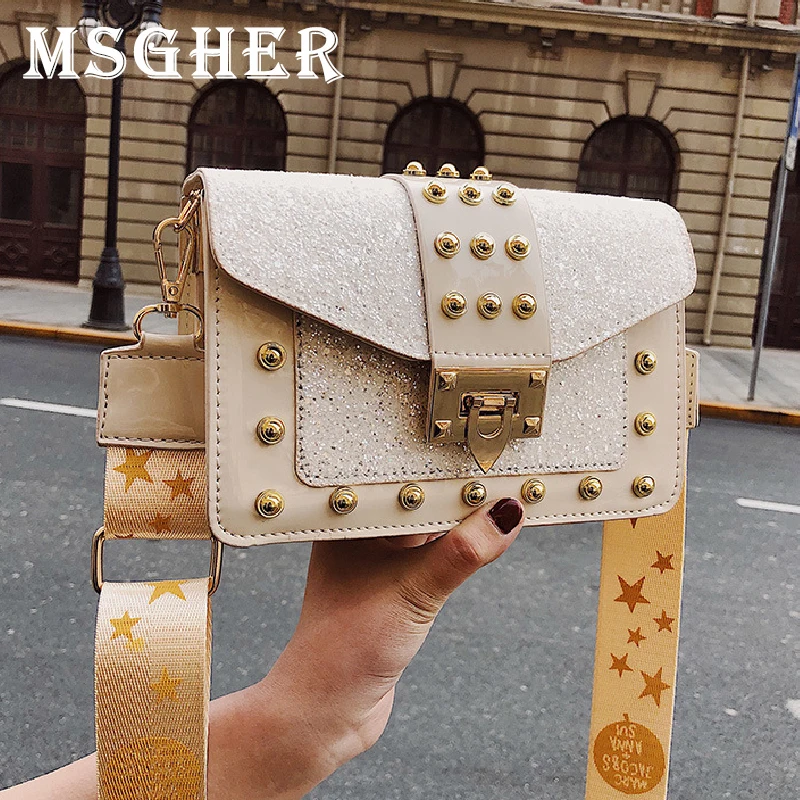 

MSGHER Fashion Female Square Bag 2019 New Quality PU Leather Women's Designer Handbag Rivet Lock Chain Shoulder Messenger bags
