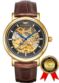 

BRIGADA Swiss Brand Watches Luxury Black and Gold Watches for Men, Leather Band Nice Automatic Hollow Mechanical Men's Watch
