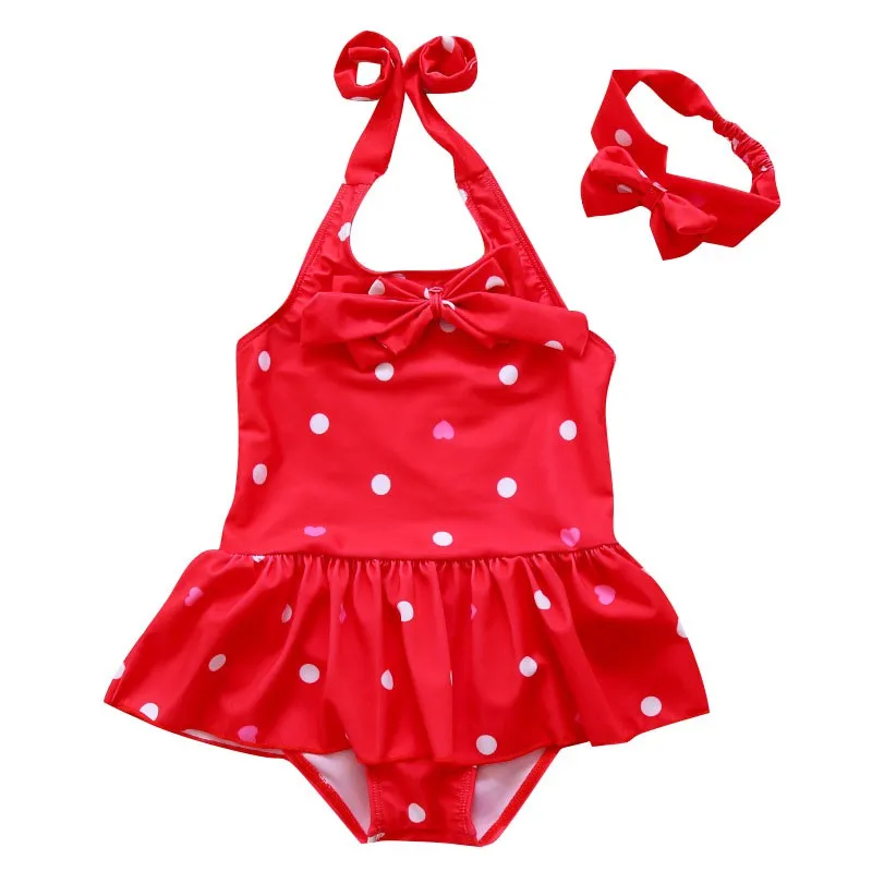 Комплект для малышей, бикини для маленькой девочки, купальник в горошек, пляжный купальник с бантом, Цельный купальник, купальный костюм+ повязка на голову