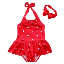 Комплект для малышей, бикини для маленькой девочки, купальник в горошек, пляжный купальник с бантом, Цельный купальник, купальный костюм+ повязка на голову