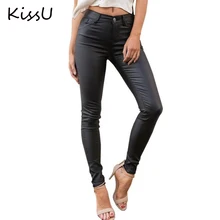 KissU Slim leather women pants capris leggings Autumn winter sexy high waist pants trousers Black pencil pants female bottom