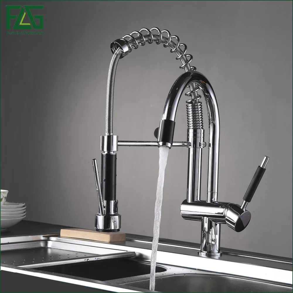 FLG Spring Style Kitchen Faucet Hand Spray Chrome Cast Deck Mounted 3 Function Water Outlet Rotatable