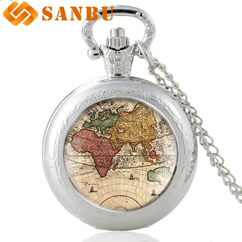 Ретро Карта мира серебряные кварцевые карманные часы винтажные мужские женские классические карты кулон ожерелье